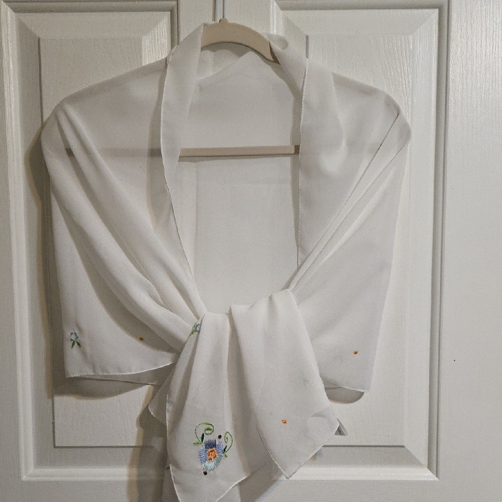 Cejon White Scarf with Pink and Green Floral Embroidery